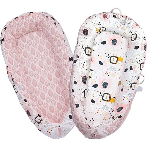 Baby Lounger, 100% Cotton 0-24 Months Breathable Soft Baby Nest Co Sleeper, Reversible Adjustable Portable Baby Lounger Nest for Newborn, Infant Lounger for Home & Travel (Pink Lion)
