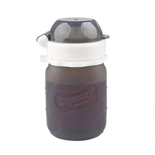Grey 3.5 oz Squeasy Snacker Spill Proof Silicone Reusable Food Pouch - for Both Soft Foods and Liquids - Water, Apple Sauce, Yogurt, Smoothies, Baby Food - Dishwasher Safe