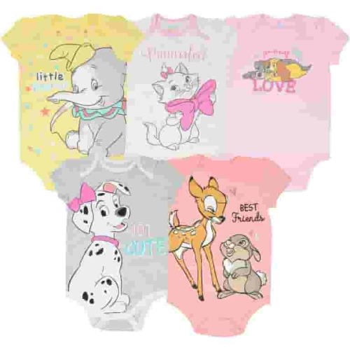 Disney The Aristocats Dumbo Bambi Lady and the Tramp Newborn Baby Girls 5 Pack Bodysuits Newborn to Infant