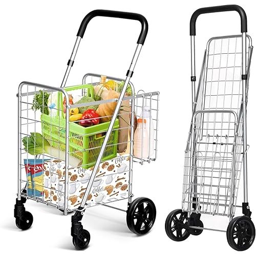 IRONMAX Grocery Shopping Cart, Foldable Heavy Duty Utility Cart w/Adjustable Handle, Extra Basket & 360° Rolling Swivel Wheels, Lightweight Trolley Cart for Grocery Laundry Luggage (Sliver)