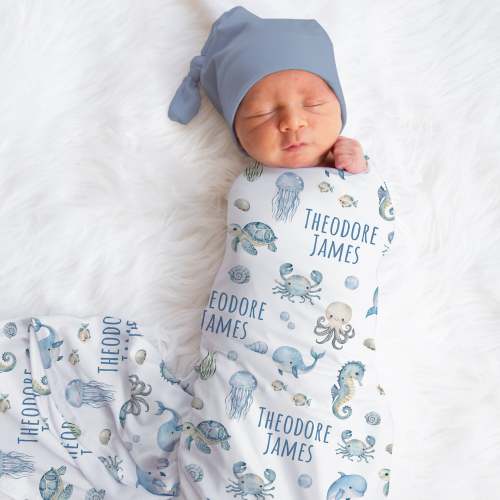 Personalized Ocean Swaddle Blanket Sea Animals Name Baby Blanket Newborn Baby Boy Coming Home Outfit Hospital Photo Outfit Baby Shower Gift