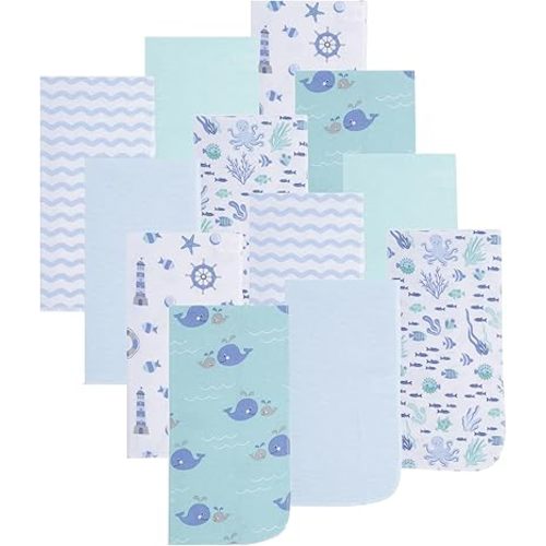 EVERYDAY KIDS 12 Pack Burp Cloths for Baby Boy; Newborn Essential with - Large Absorbent Cotton Flannel Blue/Teal Burping Cloths for Babies with Ocean, Sea Shells, Sailboats and Fish Prints and Solids