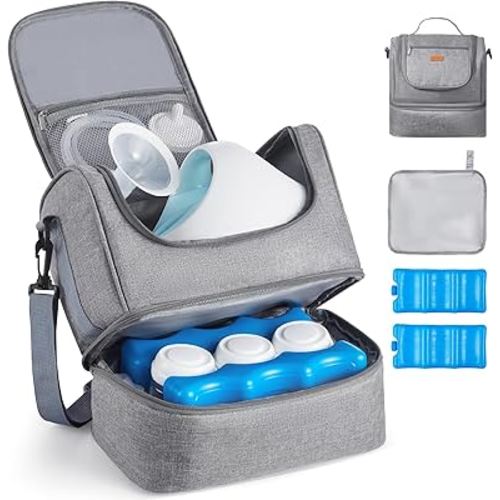 VEVOR Breast Pump Bag, Breast Feeding Bag with Ice Pack, Fits for S1/S2, Pumping Accessories & Breastmilk Storage, Portable Pump Carrying Case for Work, Travel and Family Use, Grey