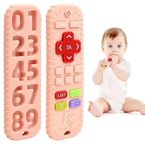 Teething Relief Teethers Toys for Babies 3-6 12 Months Gifts, Silicone Remote Control Baby Teether Bath Toys for 3 6 9 Months Newborn Infant Boy Girl Autism, Food Grade Silicone Sensory Toys, Pink