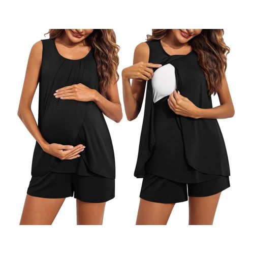 Ekouaer Women Maternity Nursing Pajama Set Breastfeeding Sleepwear Double Layer Sleeveless Top & Shorts Pregnancy PJS