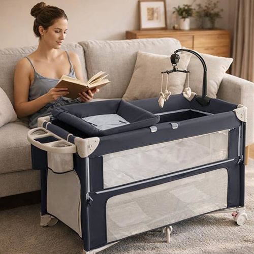 5-in-1 Baby Bassinet Bedside Sleeper, Foldable Pack and Play,One-Push Bedside Crib with Playard, Includes Mattress, Changing Table, Mosquito Net, Music Toy & Storage for Newborn to Toddler (Dark Grey)
