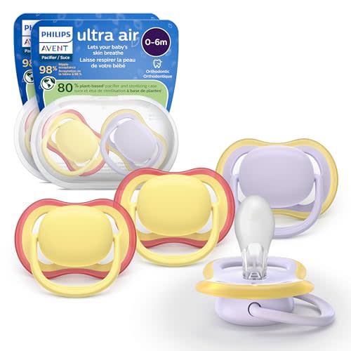 Philips Avent Ultra Air Pacifiers - Orthodontic Design, for Babies 0-6 Months, Soft Silicone Symmetrical Nipple, BPA-Free, 2 Sterilizing Cases, 4 Pack, SCF087/20