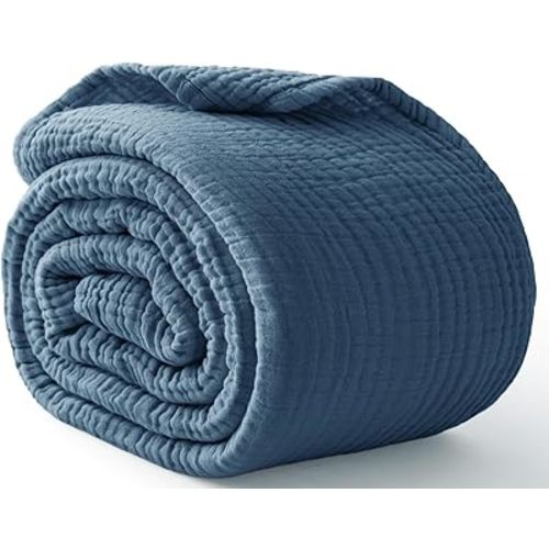 100% Cotton Light Blue Throw Blanket 50" x 70", 6 Layers Large Breathable and Lightweight Cotton Blanket for Bed and Couch, Soft Quilt Bedspread, Gauze Blanket for Adults All Season, Blue