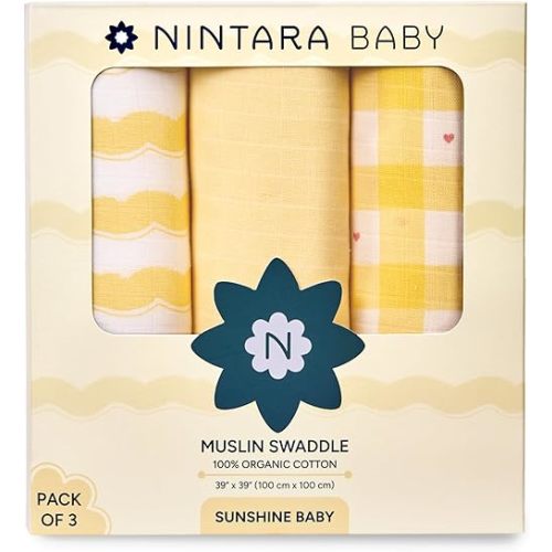 Swaddle - 100% Organic Premium Muslin Cotton, 39" x 39", Ultra-Soft, Breathable & Lightweight, Multipurpose, Unisex, Hypoallergenic, Gifts for Newborn Babies, Pack of 3