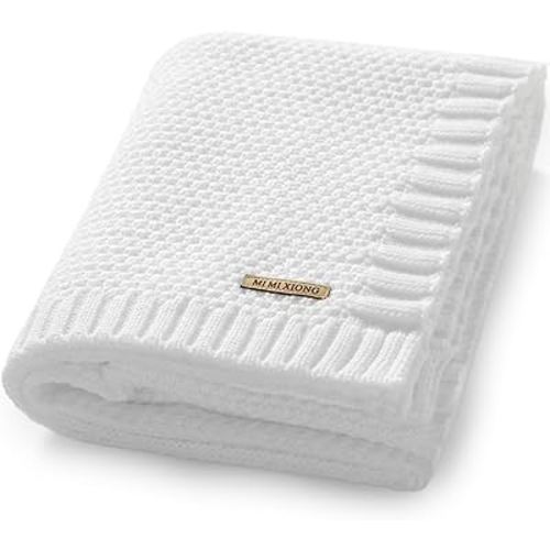 mimixiong Baby Blanket Knit Swaddle Blanket Soft Warm Crochet Neutral Receiving Unisex Baby Blanket for Boys and Girls White 40 x 30 inches
