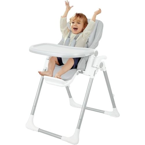 4 in 1 Baby High Chair, High Chairs for Babies and Toddlers, Adjustable Backrest Footrest Seat Height Portable high Chair for Travel with Detachable PU Leather Cushion (Grey)
