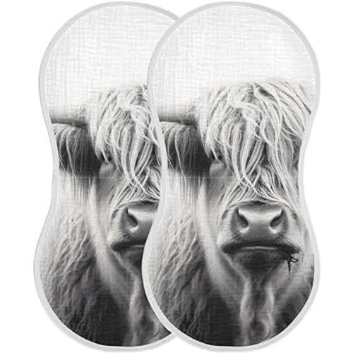 Muslin Baby Burp Cloths Set of 2, Soft Absorbent Highland Cow Muslin Washcloths, Bibs, Face Towel for Newborn Boys Girls, 22 x 11 Inch
