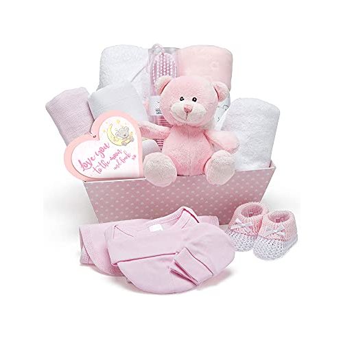 Baby Box Shop - Baby Shower Gifts for Girls - 14 Girl Newborn Essentials Girl Gifts, Includes Teddy Bear, Bodysuit, Bib, Mittens, Hat, Towel - Basket Gifts for Newborn Girl - Pink