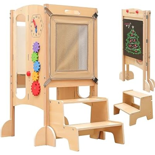 Toddler Tower, Foldable Toddler Kitchen Stool Helper with 2 Step Stool, Wooden Toddler Stool with Safety Net, Adjustable Height, Chalk-Whiteboard& Montessori Activity Games