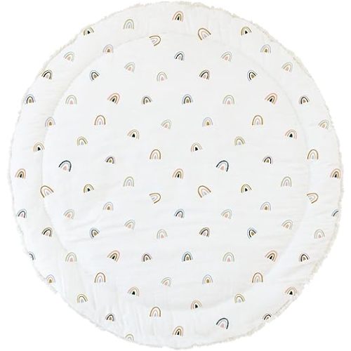 MakeMake Organics Organic Play Mat GOTS Certified Organic Cotton Nursery Floor Rug Washable Reversible Non Toxic Activity Mat Tummy Time Crawling Pad Thick Quilted (Round 48", Rainbow, White)