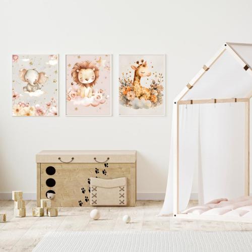 Set of 3 Safari Baby Animal Prints – Elephant, Lion, Giraffe Wall Art – Nursery Decor – Jungle Safari Digital Download – Gender Neutral Room