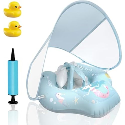 Baby Pool Float with Canopy, Baby Swimming Float for Toddlers 6-36 Month,Blue Infant Float & Toddler Swim Float UPF50+ Sun Protection,Kids Pool Float for Beach with Pump.