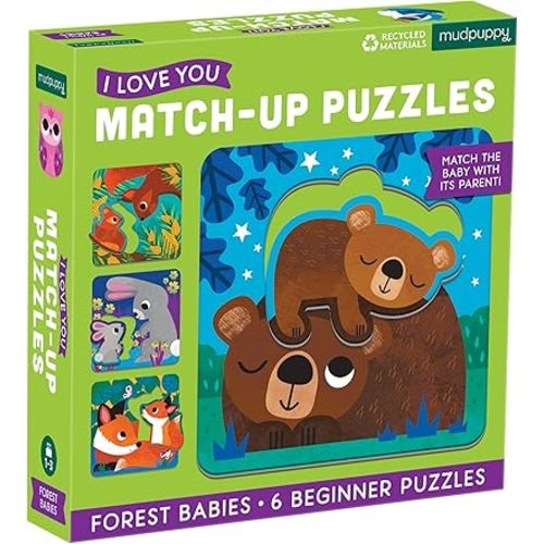 Forest Babies I Love You Match-Up Puzzles from Mudpuppy - Match-Up Puzzles for Children Ages 1-3, Adorable Forest Baby Animal Illustrations, 6 Beginner Puzzles + 1 Shaped Puzzle Piece Per Board