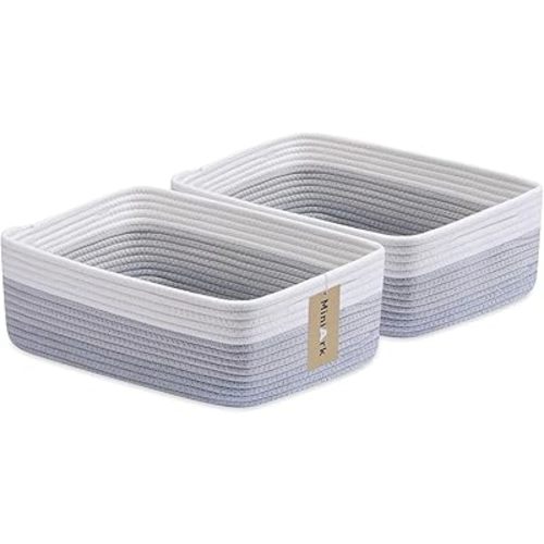 Large Shallow Organizing Baskets 15x11x5.1 Inches - Rope Woven Storage Bins for Bathroom, Shelves, Cube Closet, Gradient Grey 2 Packs