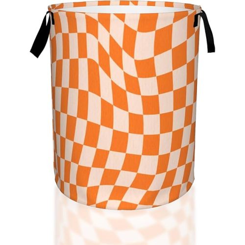 Groovy Retro Wavy Checkered Orange Laundry Basket,Waterproof Foldable Laundry Hamper,Dirty Clothes Laundry Basket, Linen Bin Storage Organizer for Toy Collection 16" x 20"