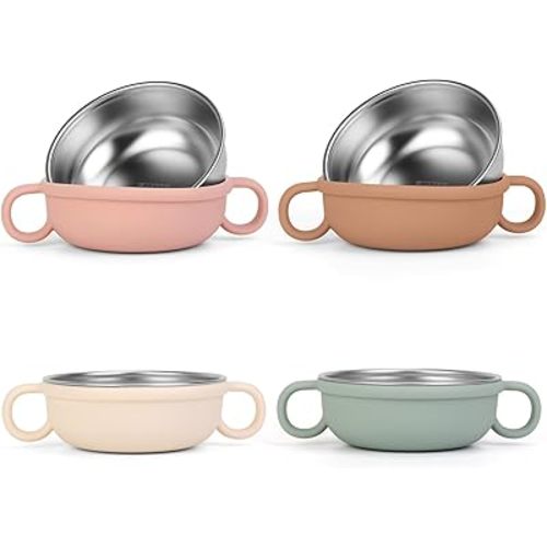 Stainless Steel Baby Bowls, 4 Pack Toddler Bowls with Removable Silicone Sleeve,Unbreakable Kids Bowl for Snack,Cereal,Babies Food