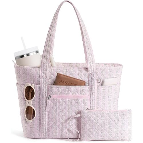 Bagstellar Quilted Tote Bag for Women Puffer Teacher Nurse Cotton Work Tote | Lightweight Travel Tote Bag w/ Zipper, 40oz Cup Holder, 14”Laptop Computer Purse Carry On Shoulder Handbag for Nursing School