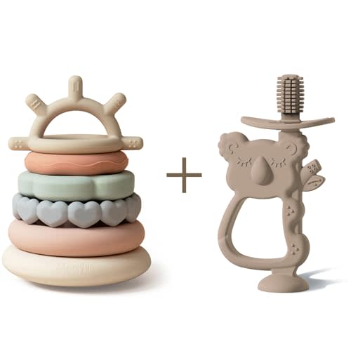 Moonkie Teething Toys | 7-Piece Stacking Ring Set & 360° Baby Toothbrush Teether | BPA-Free Silicone Educational Toys for Babies 6-12 Months