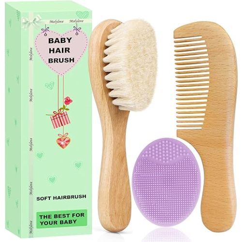 Baby Hair Brush and Comb Set for Newborns & Toddlers | Wooden Baby Brush Set with Soft Goat Bristles l Wood Comb l Purple Cradle Cap Brush| Ideal for Cradle Cap (3 Piece)