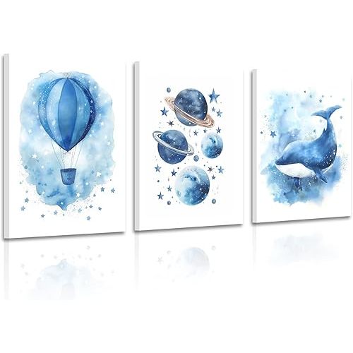 WLHARTT Baby Boy Nursery Canvas Wall Art Set of 3, Dreamy Blue Watercolor Space Ocean Wall Decor Painting, Hot Air Balloon, Cute Animal Baby Girl Nursery Posters Prints for Kids Room 12"x16"x3