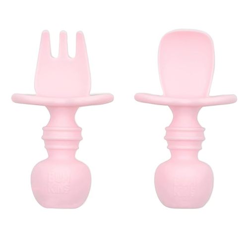 Bumkins Baby Utensils Set, Chewtensils Silicone Spoons for Dipping, Self-Feeding, Baby Led Weaning, Trainer Learning, First Stage Eating, Soft Practice Fork and Spoon, Babies 6 Months, Pink