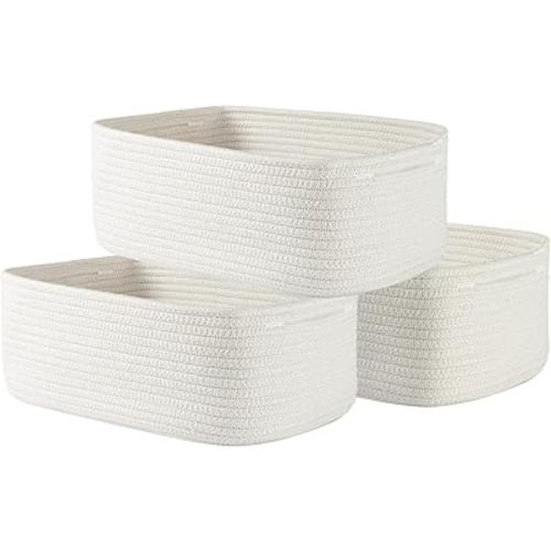 Small Woven Basket, 13.5 x 9.5 x 5 Inches, Storage Basket for Organizing, Cute Small Rope Shelf Closet Cube Storage Bins Baskets for Shelves, Dog Toy Basket, Gift Baskets Empty, 3 Packs, Off White