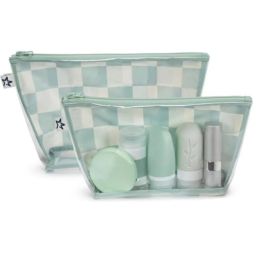 Tiny Twinkle Mess-proof Travel Bags, Airline Compliant, Zipper Closure, Clear Front Pouch, Diaper Bag Packing, Toiletry or Cosmetics Organizer 2 Pack Set (Sage Checkers)
