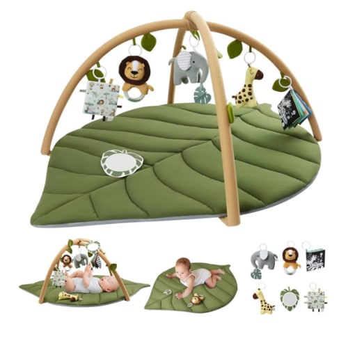 Blissful Diary Baby Play Gym & Activity Mat, Oversize Leaf Shaped Baby Play Mat w 6 Detachable Toys, Tummy Time Mat Promote Motor Skills & Sensory Development Mat, Newborn Infant Baby Essentials Gift