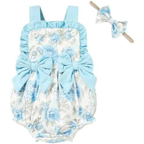 GRNSHTS Baby Girl Summer Romper Infant Floral Fruit Print Clothes Toddler Ruffles Bodysuit Sleeveless Strap One Piece Outfits
