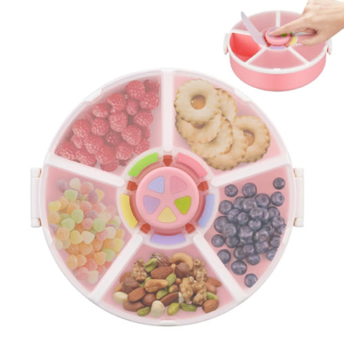 Snack Rotator Container Reusable Snack Box with 5 Compartment Dispenser and Lid, Color Matching Opening Lid, BPA and PVC Free, for Home, School, Travel (1 Pack- Pink)