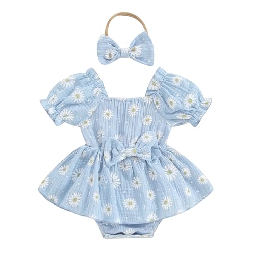 Baby Girls Daisy Romper Bowknot Bodysuit+Headband Short Sleeve Playsuits Floral Jumpsuit Infant Summer Clothes