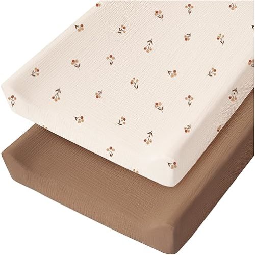 Konssy 2 Pack Muslin Changing Pad Cover for Baby Girls Boys 100% Cotton Fitted Diaper Changing Table Cover Set, Soft Changing Pad Sheets (Brown,Berry)