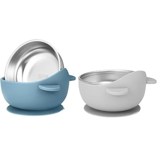 2 Pack Stainless Steel Baby Bowls with Suction, Toddler Bowls with Removable Silicone Shell for Kids, Non-Slip Toddler Baby Feeding Set Dishwasher Safe-Gray & Blue