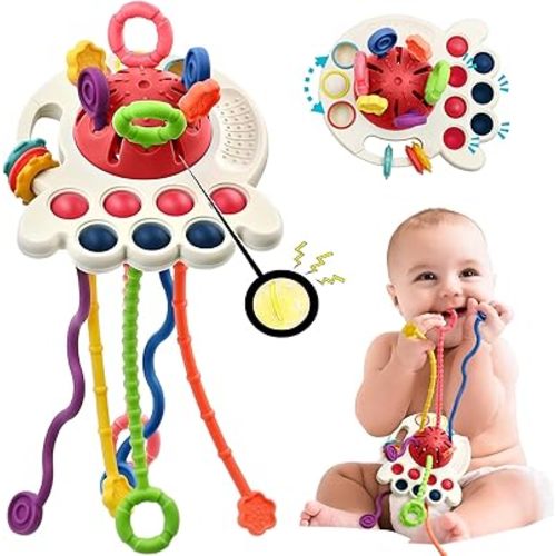 AiTuiTui Sensory Baby Teething Toys 6 to 12 Months, Infant Toddler Travel Toys for 1 2 Year Old Boy Girl Birthday Gifts, Soft String Fidget Educational Learning for 9 10 18 Months, Blue