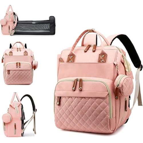 Diaper Bag with Changing Station, Waterproof 3 in 1 Baby Diaper Backpack with Foldable Changing Pad, Large Travel Back Pack for Baby Girl Boy, Peach Pink