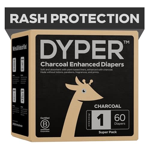 DYPER - Charcoal Enhanced Day & Overnight Disposable Baby Diapers - Made with Plant-Based* & Honest Ingredients, Hypoallergenic for Sensitive Skin - Size 1, (60 Count)