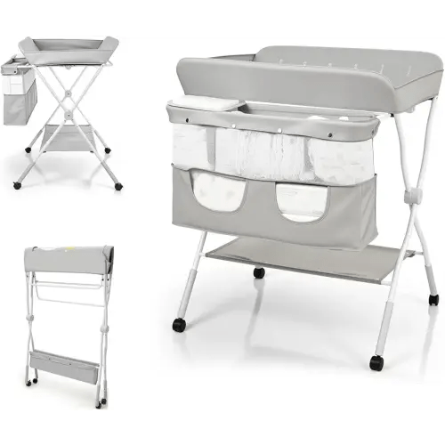 Lilian&Gema Portable Baby Changing Table with Wheels, 3-Level Adjustable Heights Folding Diaper Changing Station with Nursery Organizer&Large Storage Racks for Newborns&Infants