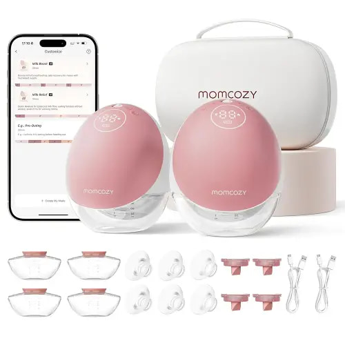 Momcozy Breast Pump Hands Free Upgraded Mobile Flow | M9, App Discreet Control with Personalized Multi-Modes & 15 Levels, Wearable Breast Pump 24mm (Cozy Red, 2 Count)