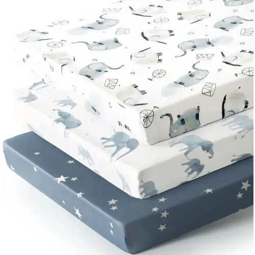 GRSSDER Pack n Play Sheets Fitted 3 Pack, Stretchy Ultra Soft Jersey Knit Pack and Play Sheets, Universal Fitted Portable/Mini Crib Mattresses Snug and Safe, Cute Elephant Print for Boys and Girls
