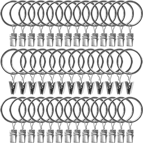 AMZSEVEN 40 Pack Curtain Rings with Clips, Drapery Clips with Rings, Drapes Rings 1.26 in Interior Diameter, Fits up to 1 Inch Curtain Rod, Silver