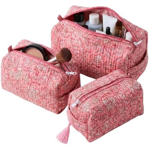 ATOSII Set of 3 100% Cotton Handblock Print Quilted Toiletry Cosmetic Makeup Travel Bag for Women, Waterproof Inner Lining, Jewelry Essentials Storage Case, Toiletries Pouch Purse, Blush Bliss