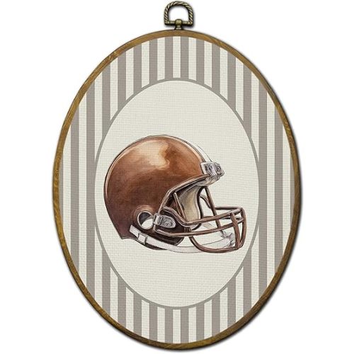QZQE Football Boy Nursery Oval Wall Art Decor Framed, Kids Oval Canvas Prints, Vintage Football Helmet Neutral Striped Sport Wall Hanging Decor for Kids Boy Toddler Room Playroom, 8.6x11.4 Inch