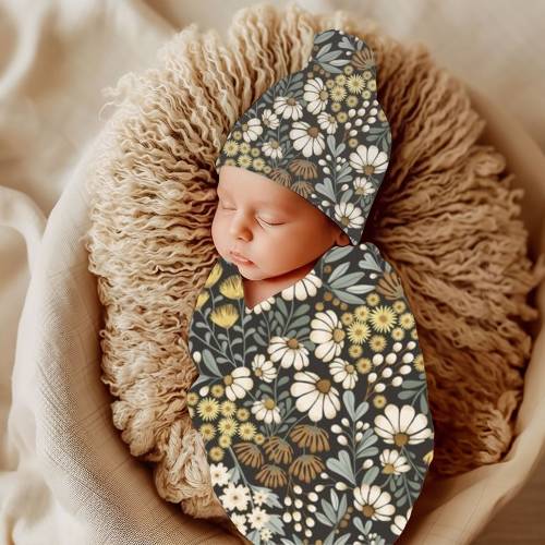 WIldflower Swaddle Blanket with Hat or Headband in Retro Yellow Brown and Sage, Soft Stretchy Receiving Blanket, Hippie Baby Outfit