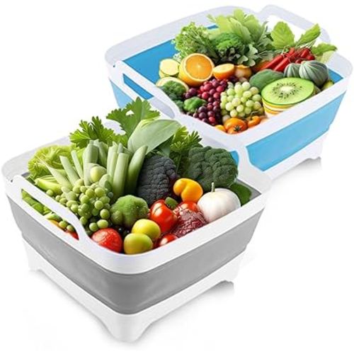 2-Pack 9L Collapsible Wash Basins with Drain Plugs and Handles, Portable Sinks, Collapsible Dishpans. Space-Saving and Multi-Purpose. (GreyWhite/BlueWhite, 9L+9L)