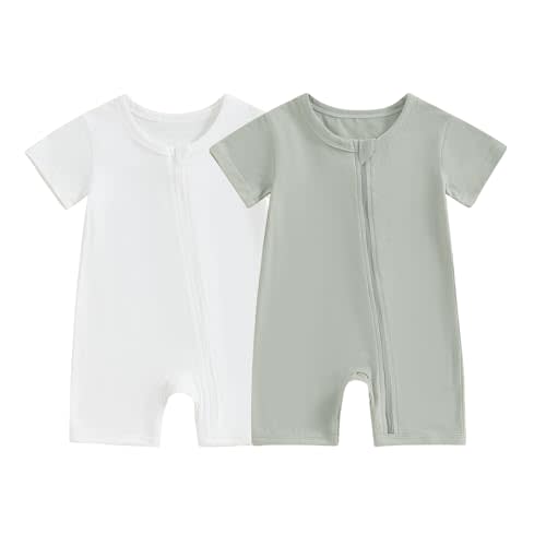 Merqwadd Baby Boy Girl 2 Pack Romper Short Sleeve Zipper Jumpsuit Plain Summer Clothes